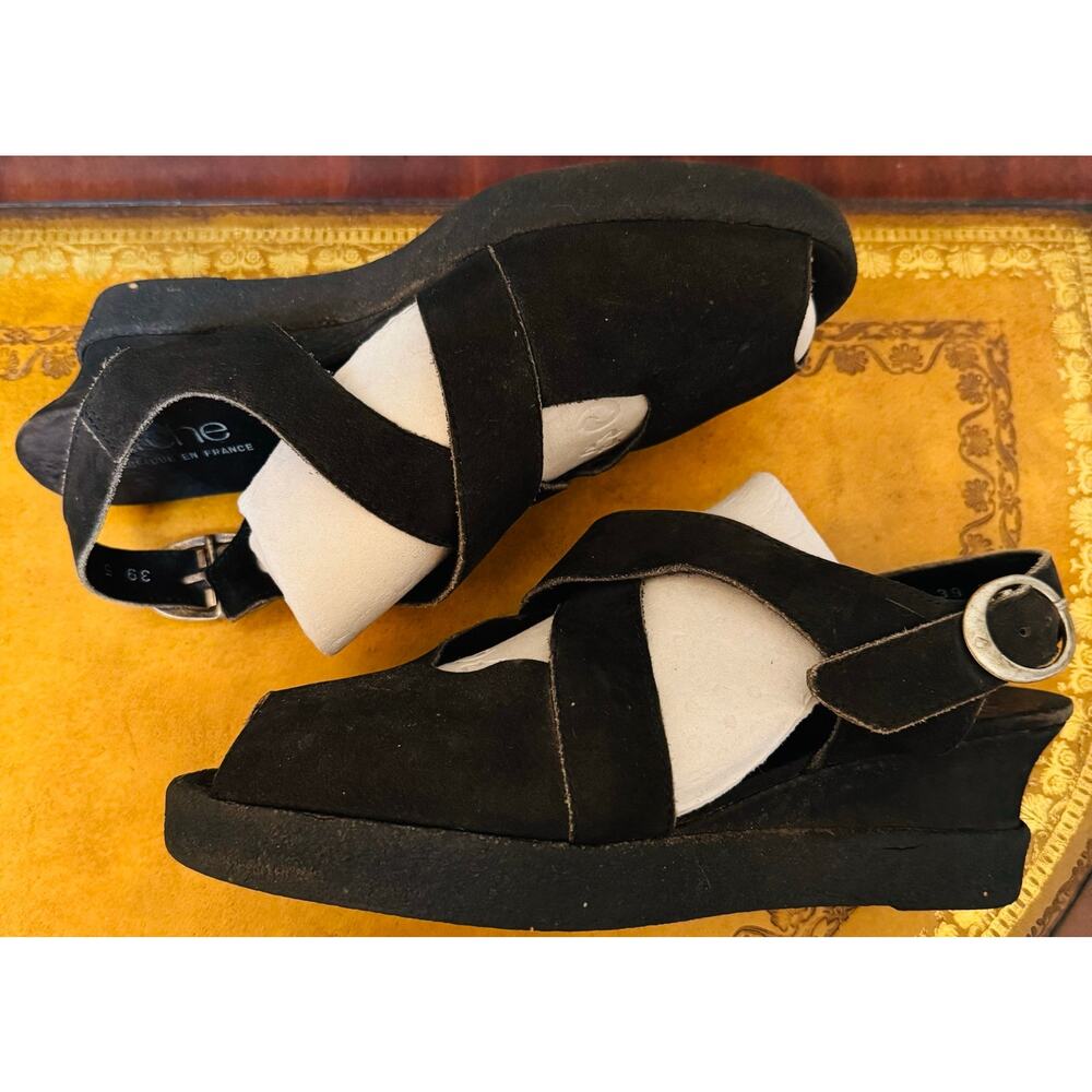 Arche France Womens Nubuck Leather Black Wedge Sandals & Dust Bag Sz 39 US 8 - Picture 5 of 16